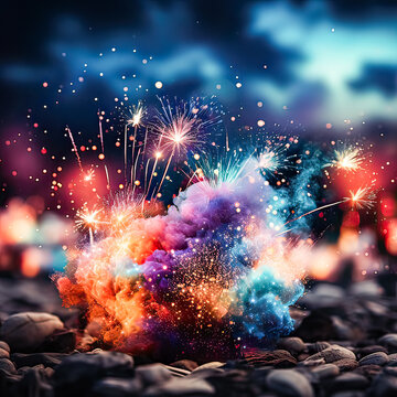 Patriotic brilliance, USA flag waves amid dazzling fireworks, a vibrant celebration of Independence Day captured in this striking stock photo moment.