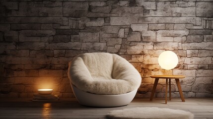 A cozy, round lounge chair placed against a textured wall in a contemporary living room, complemented by warm lighting.