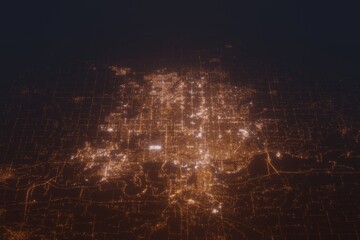 Aerial shot on Omaha (Nebraska, USA) at night, view from east. Imitation of satellite view on modern city with street lights and glow effect. 3d render - obrazy, fototapety, plakaty