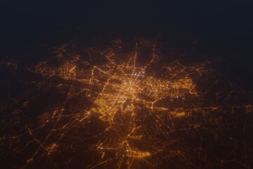 Aerial shot on Poznan (Poland) at night, view from east. Imitation of satellite view on modern city with street lights and glow effect. 3d render - obrazy, fototapety, plakaty