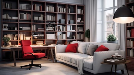 A cozy study room with white walls, red bookshelves filled with books, a comfortable white armchair paired with a red ottoman, and a red desk lamp.