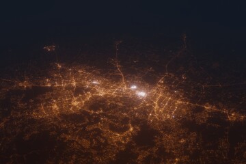 Aerial shot on Austin (Texas, USA) at night, view from west. Imitation of satellite view on modern city with street lights and glow effect. 3d render - obrazy, fototapety, plakaty