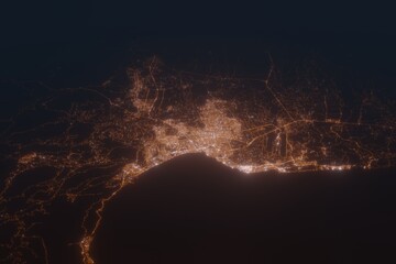 Aerial shot of Antalya (Turkey) at night, view from south. Imitation of satellite view on modern city with street lights and glow effect. 3d render - obrazy, fototapety, plakaty