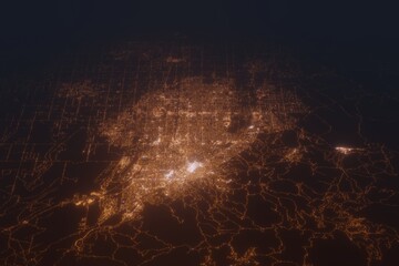 Aerial shot on Boise (Idaho, USA) at night, view from east. Imitation of satellite view on modern city with street lights and glow effect. 3d render - obrazy, fototapety, plakaty