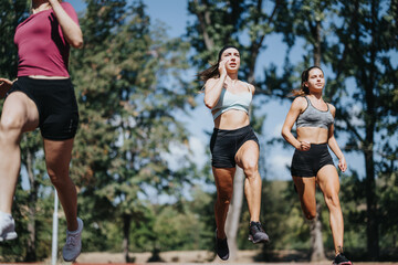 Fototapeta premium Young women enjoy outdoor sports activities in the park, running, jogging, and training together, showcasing their athletic bodies and positive atmosphere.