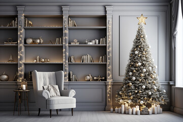 Christmas empty interior with garlanded fir tree, grey wall