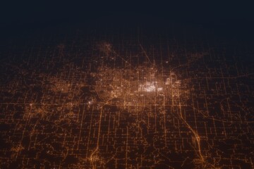 Aerial shot on Springfield (Missouri, USA) at night, view from east. Imitation of satellite view on modern city with street lights and glow effect. 3d render - obrazy, fototapety, plakaty