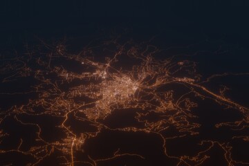 Aerial shot of Missoula (Montana, USA) at night, view from south. Imitation of satellite view on modern city with street lights and glow effect. 3d render - obrazy, fototapety, plakaty