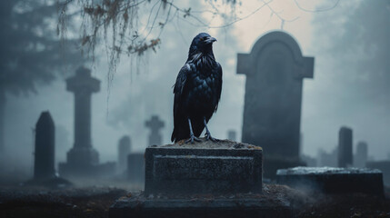 Black crow bird standing on a cemetery tombstone on a misty morning at sunrise. 