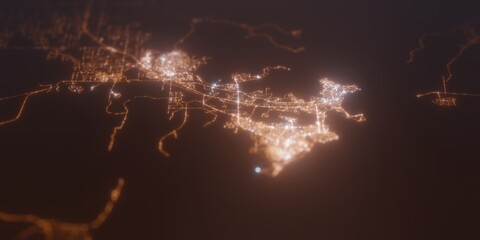Street lights map of Darwin (Australia) with tilt-shift effect, view from north. Imitation of macro shot with blurred background. 3d render, selective focus