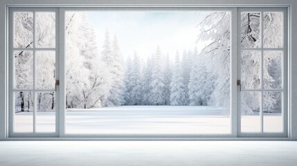 view through large windows, revealing a serene winter landscape with snow-covered trees, a minimalist, modern style, emphasizing the simplicity and tranquility of the winter scene.