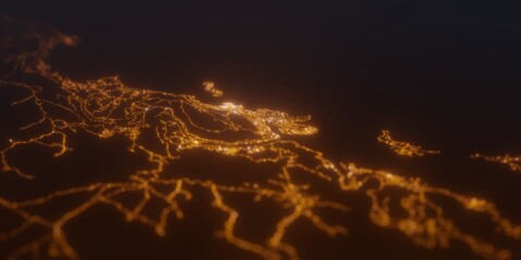 Street lights map of Dubrovnik (Croatia) with tilt-shift effect, view from north. Imitation of macro shot with blurred background. 3d render, selective focus