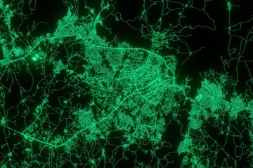 Map of the streets of Abuja (Nigeria) made with green illumination and glow effect. Top view on roads network. 3d render, illustration