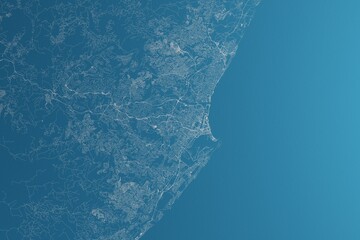 Map of the streets of Durban (South Africa) made with white lines on blue paper. Rough background. 3d render, illustration