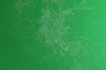 Map of the streets of Dhaka (Bangladesh) made with white lines on green paper. Rough background. 3d render, illustration