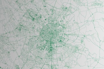 Map of the streets of Chengdu (China) made with green lines on white paper. 3d render, illustration