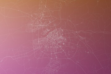 Map of the streets of Harbin (China) made with white lines on pinkish red gradient background. Top view. 3d render, illustration