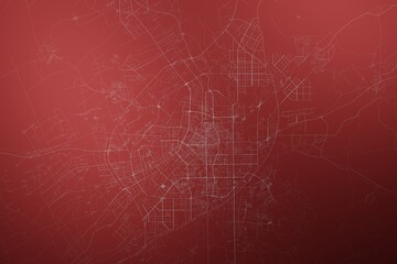 Map of the streets of Changchun (China) made with white lines on abstract red background lit by two lights. Top view. 3d render, illustration