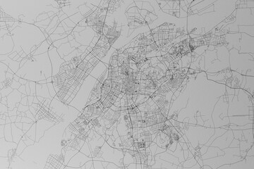 Map of the streets of Nanjing (China) made with black lines on grey paper. Top view. 3d render, illustration
