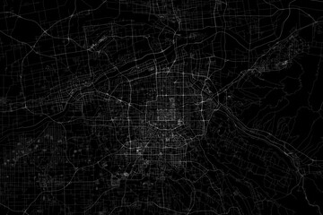 Stylized map of the streets of Xian (China) made with white lines on black background. Top view. 3d render, illustration