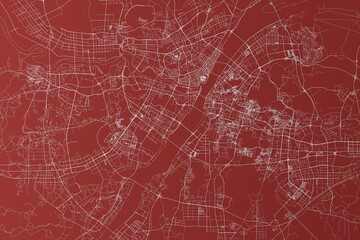 Map of the streets of Wuhan (China) made with white lines on red background. Top view. 3d render, illustration - obrazy, fototapety, plakaty