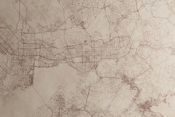 Map of Shenzhen (China) on an old vintage sheet of paper. Retro style grunge paper with light coming from right. 3d render