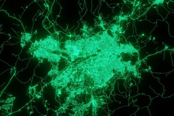 Map of the streets of Ankara (Turkey) made with green illumination and glow effect. Top view on roads network. 3d render, illustration