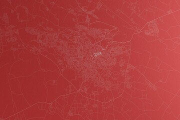 Map of the streets of Samarqand (Uzbekistan) made with white lines on red paper. Top view, rough background. 3d render, illustration