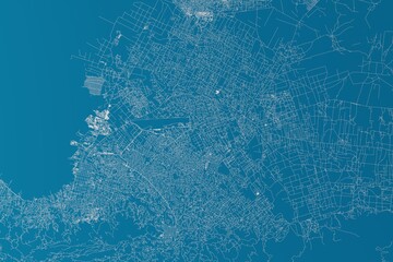 Map of the streets of Port Au Prince (Haiti) made with white lines on blue background. 3d render, illustration