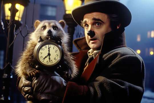 Groundhog Day, man in a hat with a groundhog and a watch