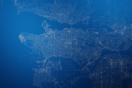 Stylized map of the streets of Vancouver (Canada) made with white lines on abstract blue background lit by two lights. Top view. 3d render, illustration