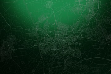 Street map of Breda (Netherlands) engraved on green metal background. Light is coming from top. 3d render, illustration