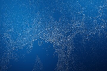 Stylized map of the streets of Oslo (Norway) made with white lines on abstract blue background lit by two lights. Top view. 3d render, illustration - obrazy, fototapety, plakaty