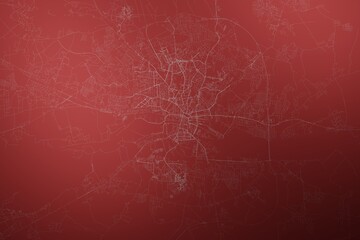 Map of the streets of Kaliningrad (Russia) made with white lines on abstract red background lit by two lights. Top view. 3d render, illustration - obrazy, fototapety, plakaty
