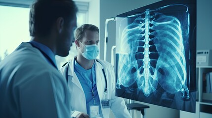 a doctor diagnosing a patient's condition, specifically focusing on asthma, lung disease, coronavirus, or bone cancer, using a chest X-ray film for medical care in hospitals. - obrazy, fototapety, plakaty
