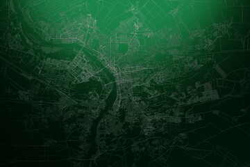 Street map of Omsk (Russia) engraved on green metal background. Light is coming from top. 3d render, illustration