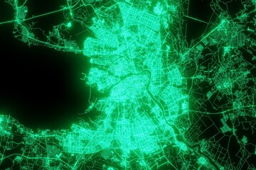 Map of the streets of St Petersburg (Russia) made with green illumination and glow effect. Top view on roads network. 3d render, illustration