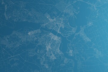 Map of the streets of Dnipro (Ukraine) made with white lines on blue paper. Rough background. 3d render, illustration