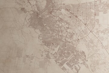 Map of Ciudad Juarez (Mexico) on an old vintage sheet of paper. Retro style grunge paper with light coming from right. 3d render