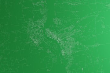 Map of the streets of Zaporizhzhya (Ukraine) made with white lines on green paper. Rough background. 3d render, illustration