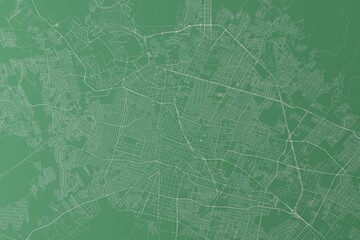 Stylized map of the streets of Leon (Mexico) made with white lines on green background. Top view. 3d render, illustration