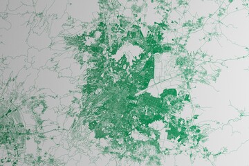 Map of the streets of Mexico City (Mexico) made with green lines on white paper. 3d render, illustration