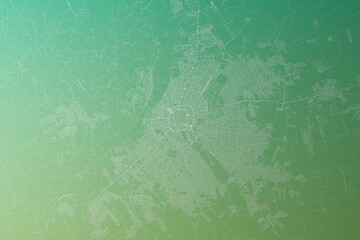Map of the streets of Santa Cruz De La Sierra (Bolivia) made with white lines on yellowish green gradient background. Top view. 3d render, illustration - obrazy, fototapety, plakaty