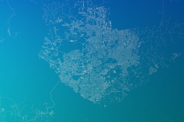 Map of the streets of Manaus (Brazil) made with white lines on greenish blue gradient background. 3d render, illustration