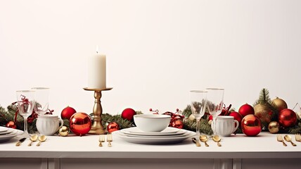 a festive Christmas table setting arranged on a white wooden table, featuring elegant dinnerware, holiday decorations, and a centerpiece.