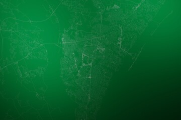 Map of the streets of Wilmington (North Carolina, USA) made with white lines on abstract green background lit by two lights. Top view. 3d render, illustration