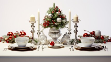 Fototapeta premium a festive Christmas table setting arranged on a white wooden table, featuring elegant dinnerware, holiday decorations, and a centerpiece.