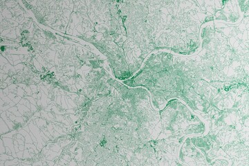 Map of the streets of Pittsburgh (Pennsylvania, USA) made with green lines on white paper. 3d render, illustration