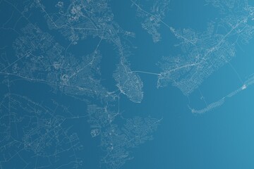 Map of the streets of Charleston (South Carolina, USA) made with white lines on blue paper. Rough background. 3d render, illustration