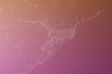 Map of the streets of Santa Cruz de Tenerife (Canary islands, Spain) made with white lines on pinkish red gradient background. Top view. 3d render, illustration - obrazy, fototapety, plakaty